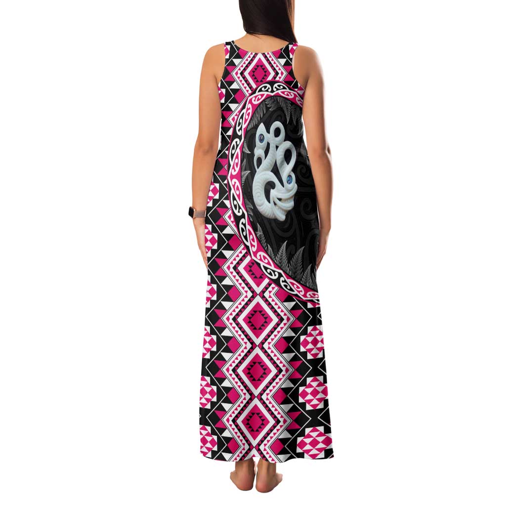 Pink Taniko Motif Aotearoa Manaia and Silver Fern Family Matching Tank Maxi Dress and Hawaiian Shirt