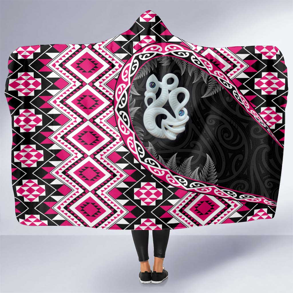 Pink Taniko Motif Aotearoa Manaia and Silver Fern Hooded Blanket