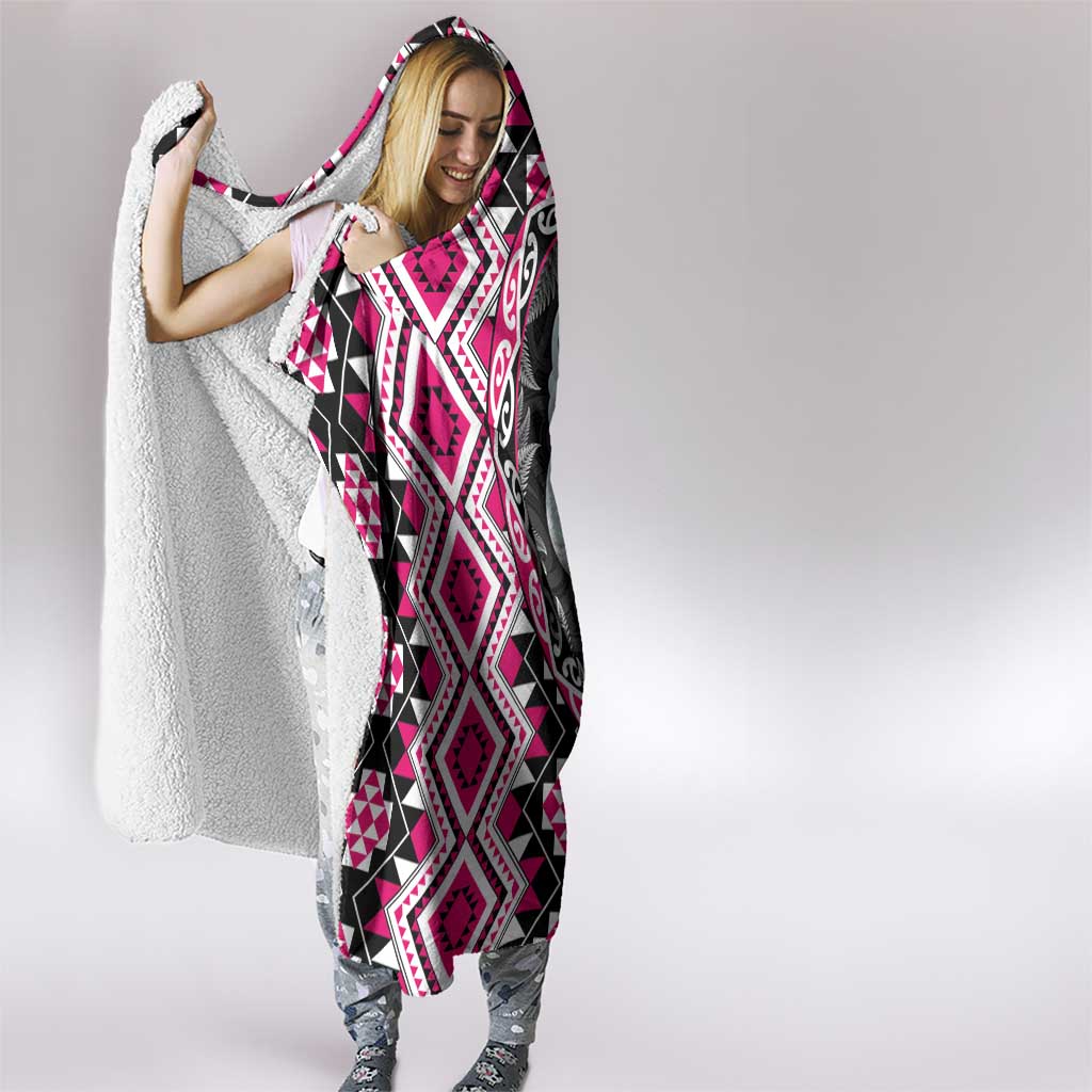 Pink Taniko Motif Aotearoa Manaia and Silver Fern Hooded Blanket