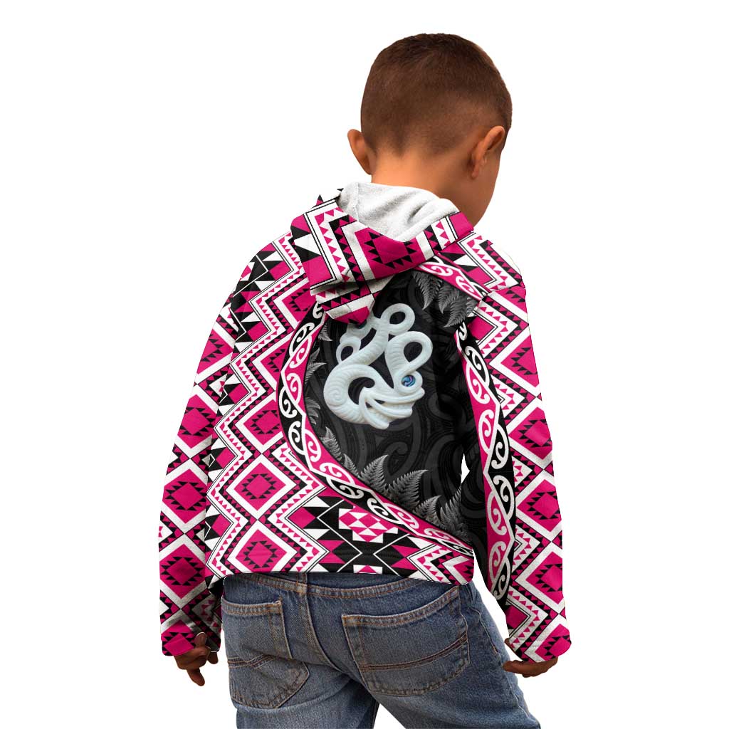Pink Taniko Motif Aotearoa Manaia and Silver Fern Kid Hoodie