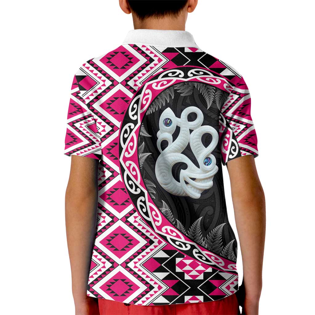 Pink Taniko Motif Aotearoa Manaia and Silver Fern Kid Polo Shirt