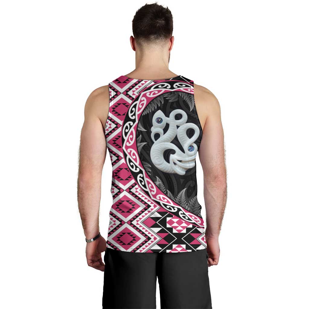 Pink Taniko Motif Aotearoa Manaia and Silver Fern Men Tank Top