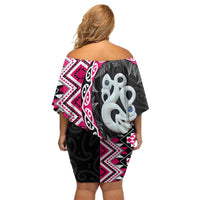 Pink Taniko Motif Aotearoa Manaia and Silver Fern Off Shoulder Short Dress