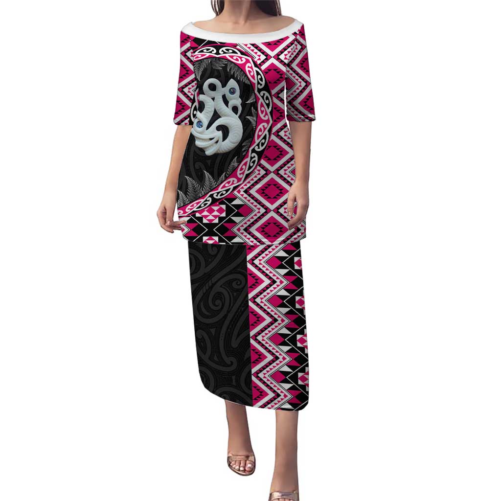Pink Taniko Motif Aotearoa Manaia and Silver Fern Puletasi