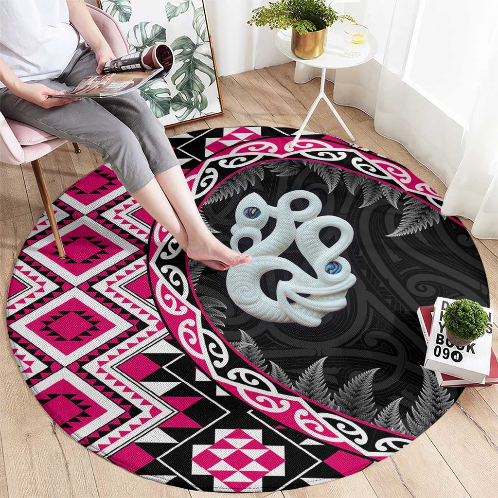 Pink Taniko Motif Aotearoa Manaia and Silver Fern Round Carpet LT03 - Polynesian Pride