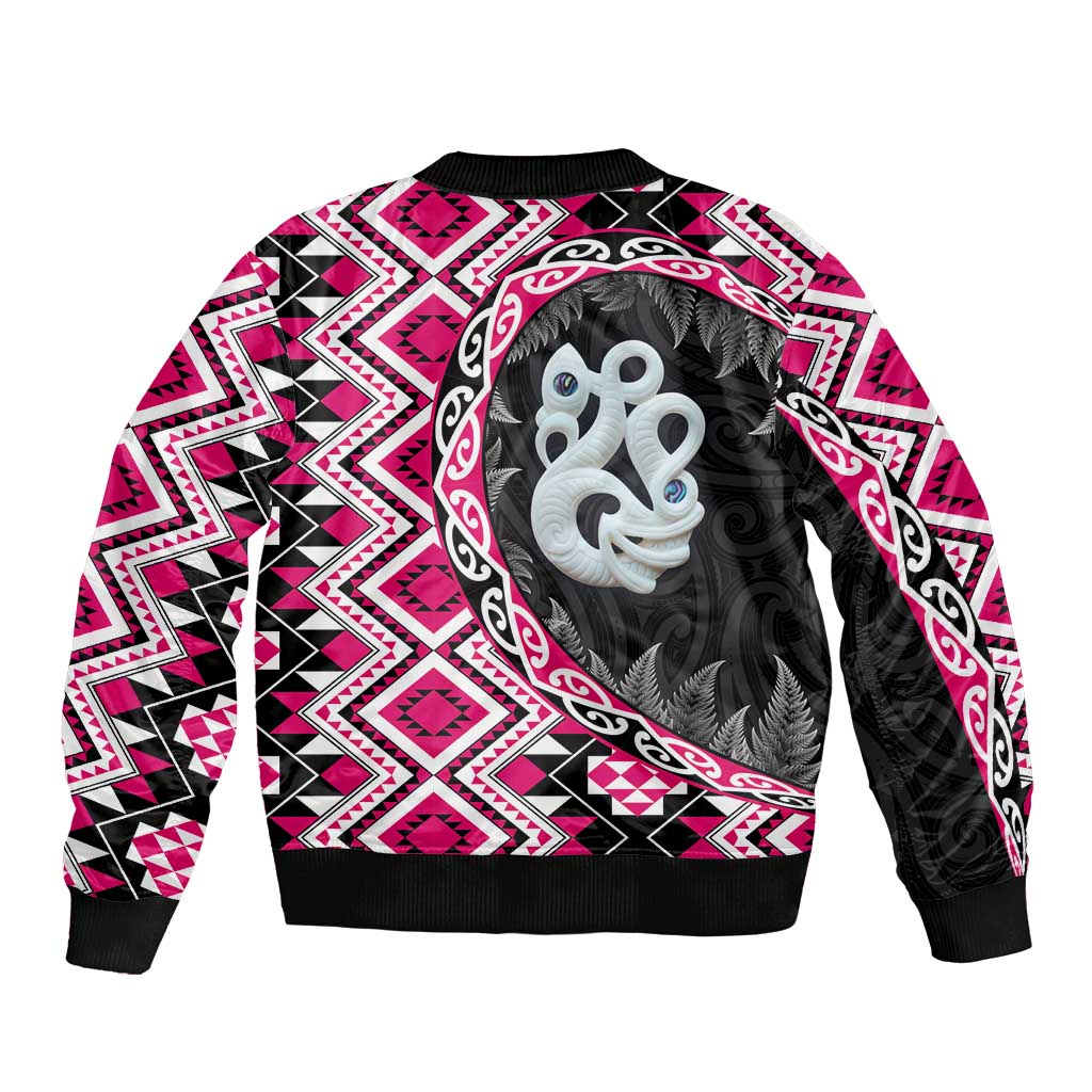 Pink Taniko Motif Aotearoa Manaia and Silver Fern Sleeve Zip Bomber Jacket LT03 - Polynesian Pride