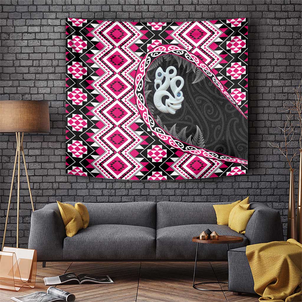 Pink Taniko Motif Aotearoa Manaia and Silver Fern Tapestry
