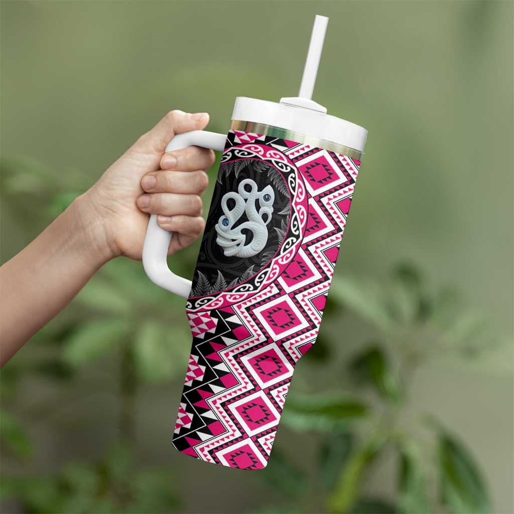 Pink Taniko Motif Aotearoa Manaia and Silver Fern Tumbler With Handle