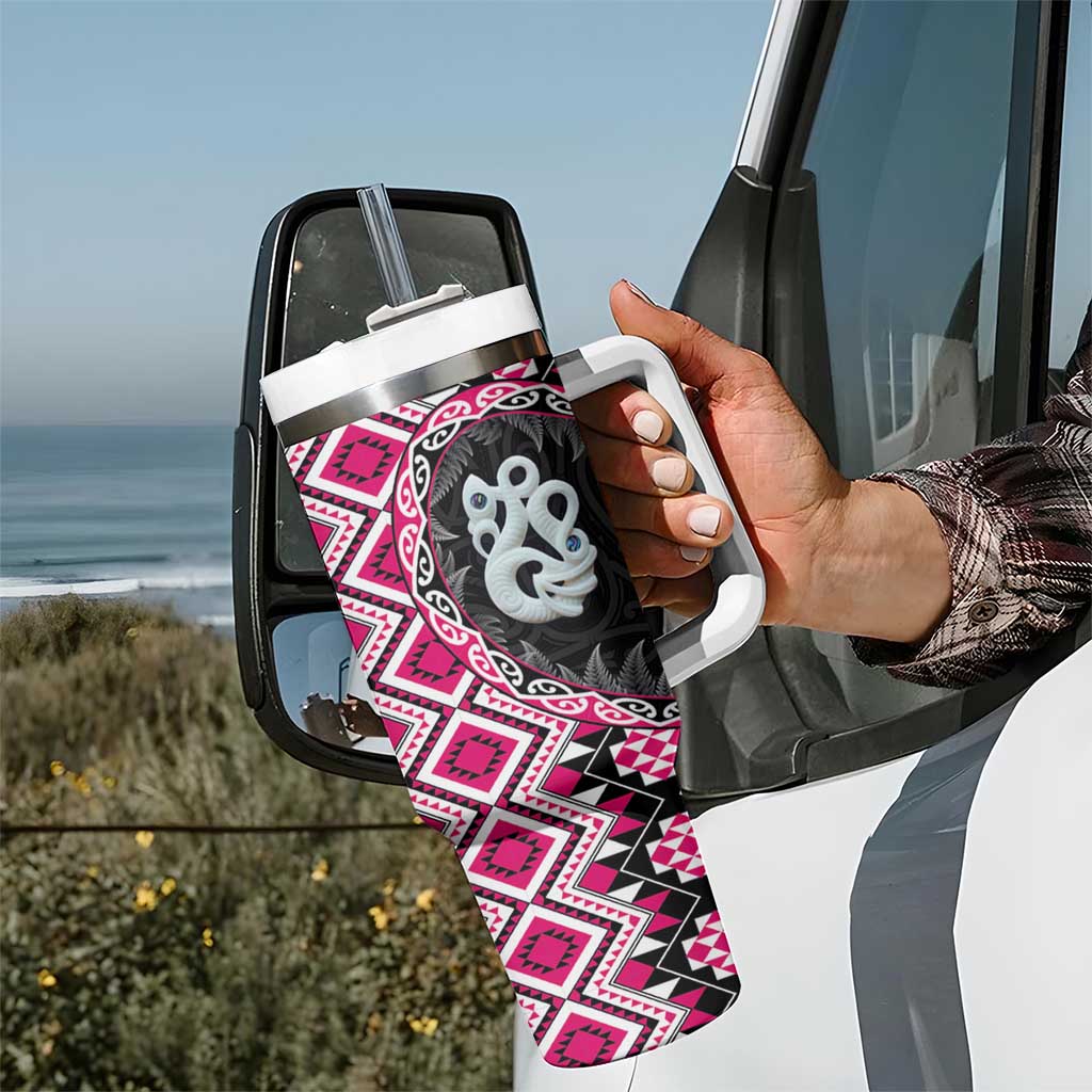 Pink Taniko Motif Aotearoa Manaia and Silver Fern Tumbler With Handle