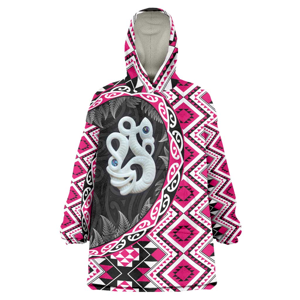 Pink Taniko Motif Aotearoa Manaia and Silver Fern Wearable Blanket Hoodie LT03 One Size Pink - Polynesian Pride