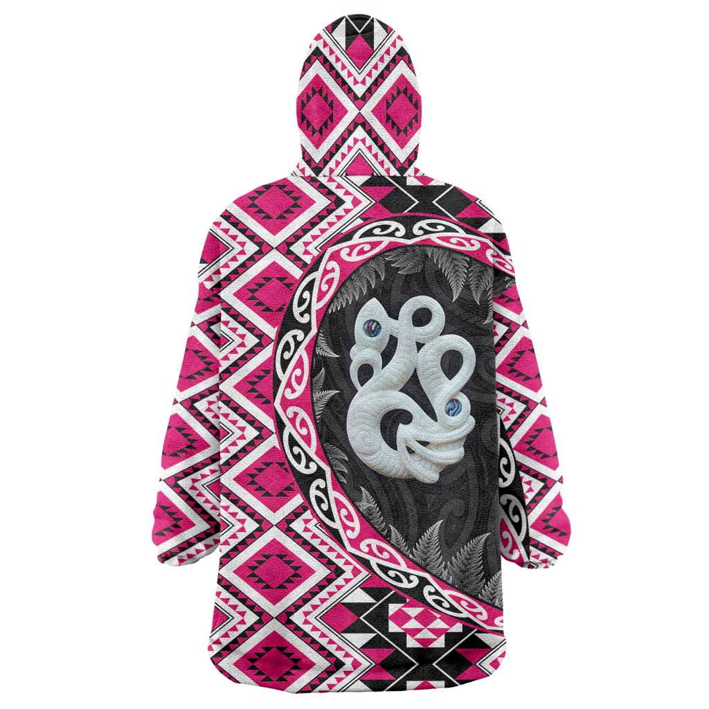 Pink Taniko Motif Aotearoa Manaia and Silver Fern Wearable Blanket Hoodie LT03 - Polynesian Pride
