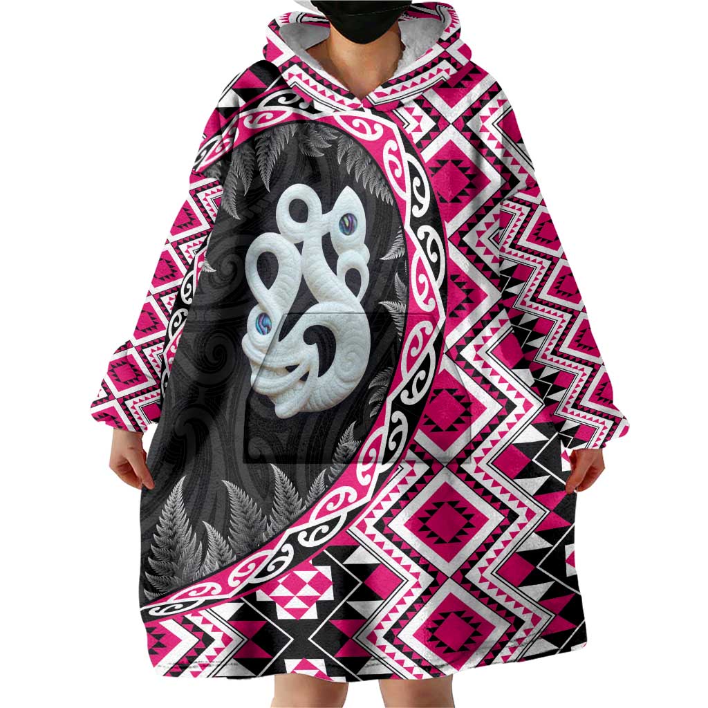 Pink Taniko Motif Aotearoa Manaia and Silver Fern Wearable Blanket Hoodie LT03 - Polynesian Pride