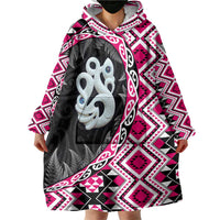 Pink Taniko Motif Aotearoa Manaia and Silver Fern Wearable Blanket Hoodie LT03 - Polynesian Pride