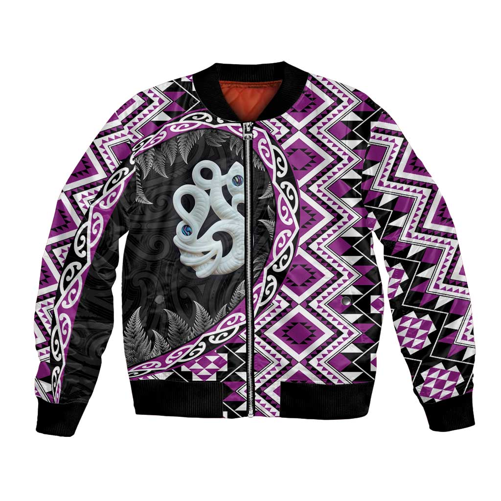 Purple Taniko Motif Aotearoa Manaia and Silver Fern Bomber Jacket LT03 Unisex Purple - Polynesian Pride