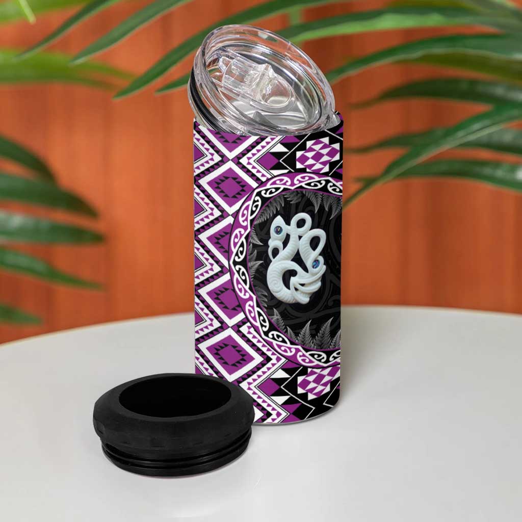 Purple Taniko Motif Aotearoa Manaia and Silver Fern 4 in 1 Can Cooler Tumbler