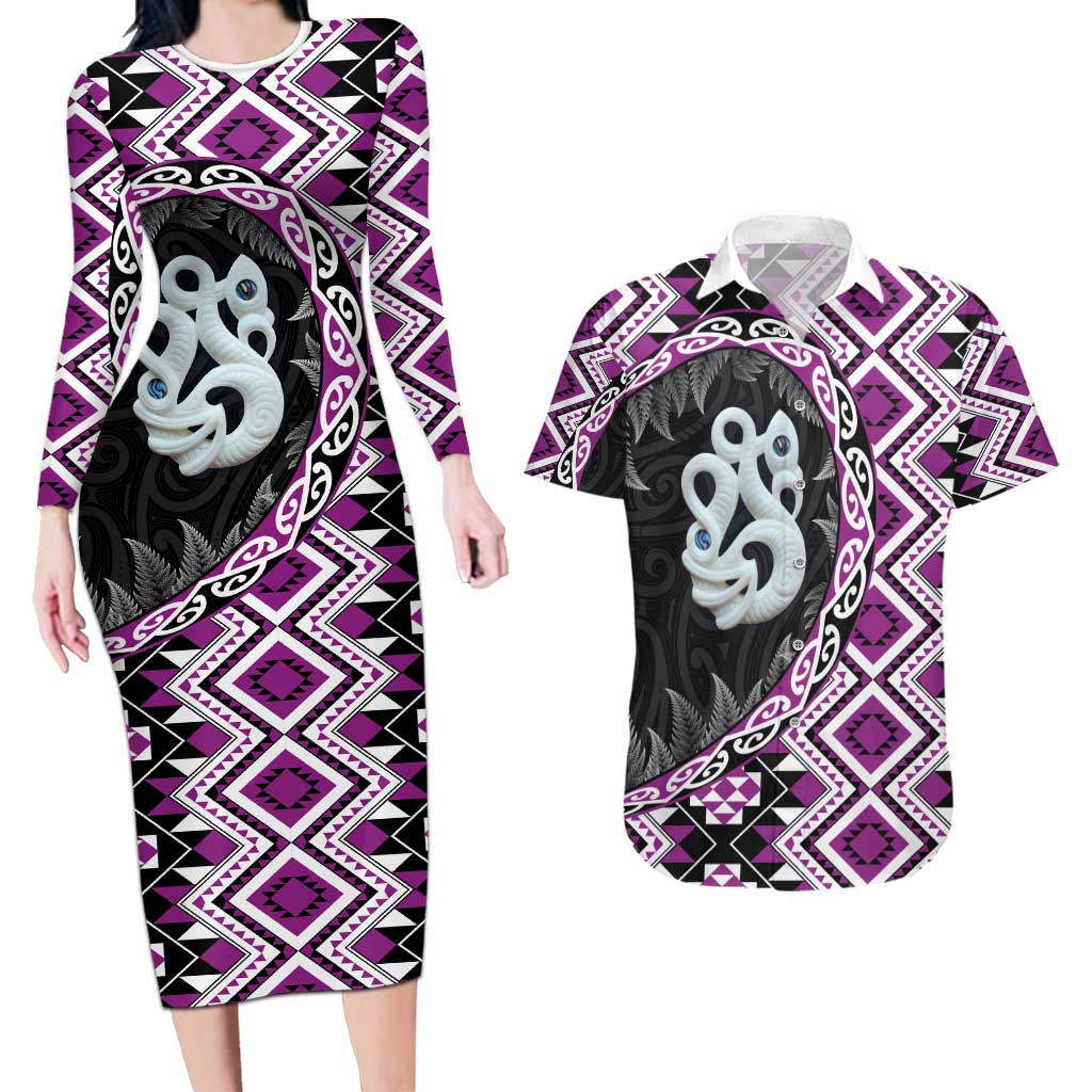 Purple Taniko Motif Aotearoa Manaia and Silver Fern Couples Matching Long Sleeve Bodycon Dress and Hawaiian Shirt
