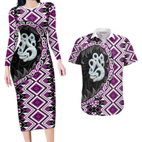 Purple Taniko Motif Aotearoa Manaia and Silver Fern Couples Matching Long Sleeve Bodycon Dress and Hawaiian Shirt