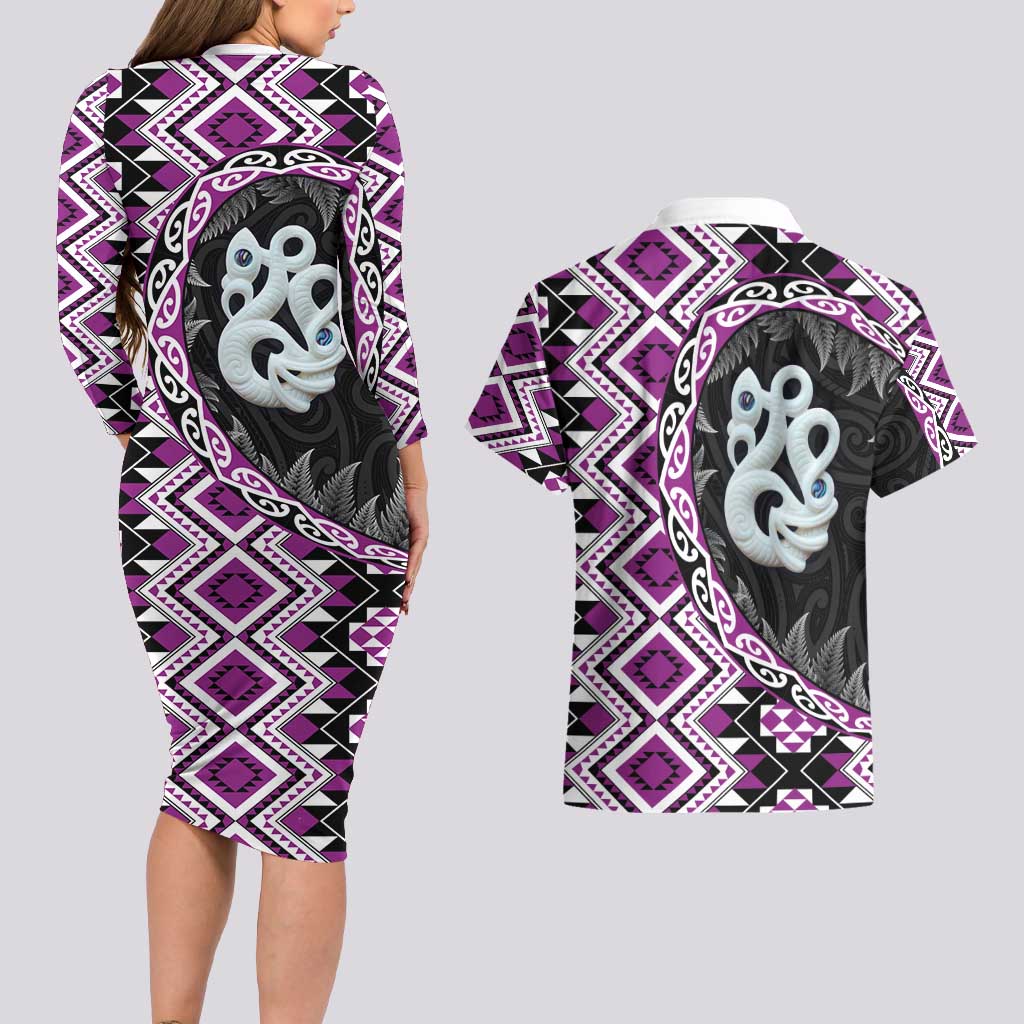 Purple Taniko Motif Aotearoa Manaia and Silver Fern Couples Matching Long Sleeve Bodycon Dress and Hawaiian Shirt