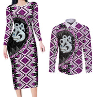 Purple Taniko Motif Aotearoa Manaia and Silver Fern Couples Matching Long Sleeve Bodycon Dress and Long Sleeve Button Shirt LT03 Purple - Polynesian Pride