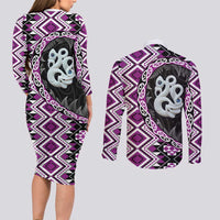 Purple Taniko Motif Aotearoa Manaia and Silver Fern Couples Matching Long Sleeve Bodycon Dress and Long Sleeve Button Shirt LT03 - Polynesian Pride