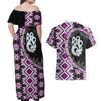 Purple Taniko Motif Aotearoa Manaia and Silver Fern Couples Matching Off Shoulder Maxi Dress and Hawaiian Shirt
