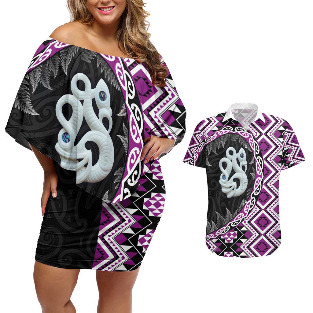 Purple Taniko Motif Aotearoa Manaia and Silver Fern Couples Matching Off Shoulder Short Dress and Hawaiian Shirt