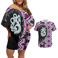 Purple Taniko Motif Aotearoa Manaia and Silver Fern Couples Matching Off Shoulder Short Dress and Hawaiian Shirt