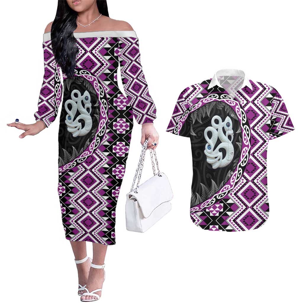 Purple Taniko Motif Aotearoa Manaia and Silver Fern Couples Matching Off The Shoulder Long Sleeve Dress and Hawaiian Shirt