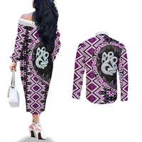Purple Taniko Motif Aotearoa Manaia and Silver Fern Couples Matching Off The Shoulder Long Sleeve Dress and Long Sleeve Button Shirt LT03 - Polynesian Pride
