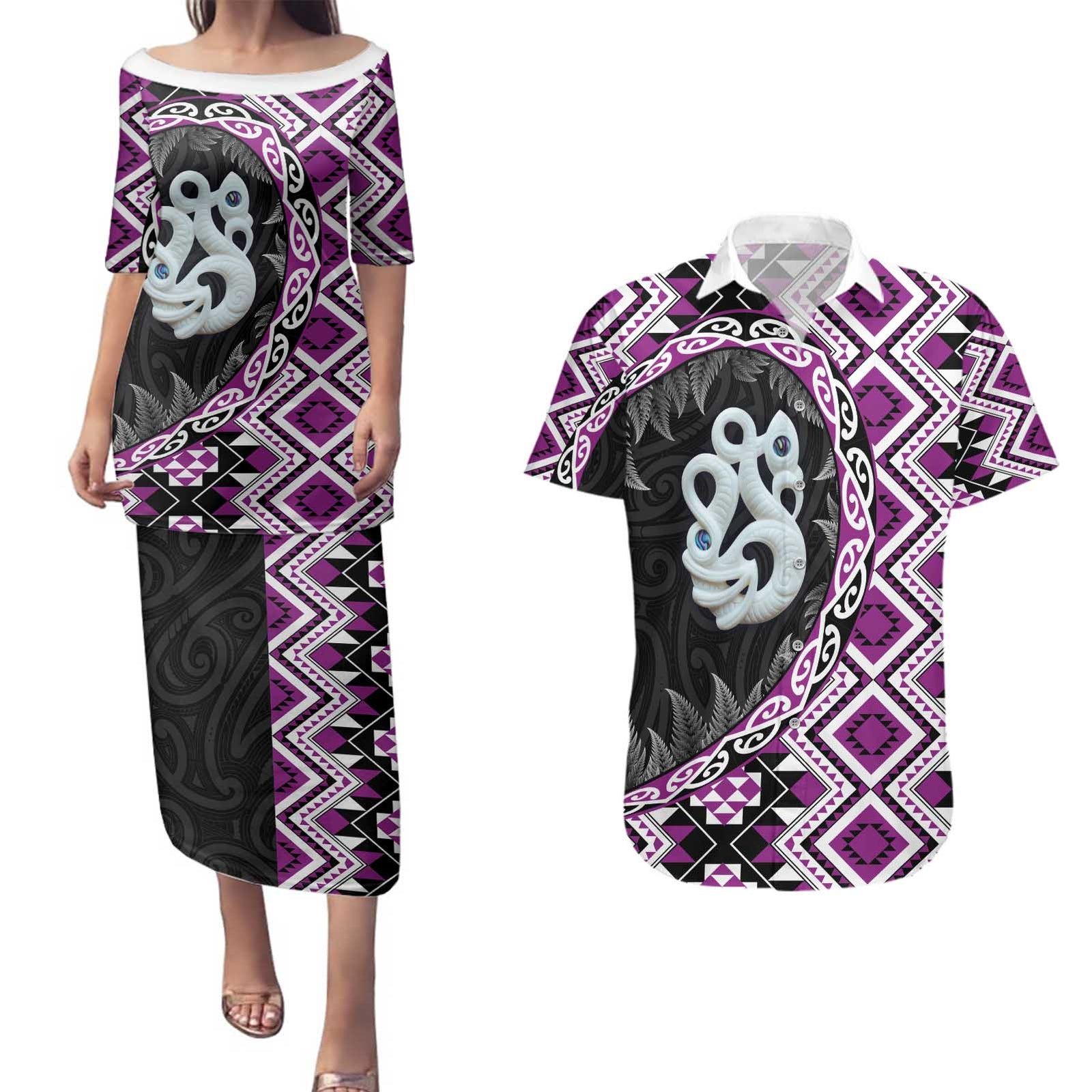 Purple Taniko Motif Aotearoa Manaia and Silver Fern Couples Matching Puletasi and Hawaiian Shirt