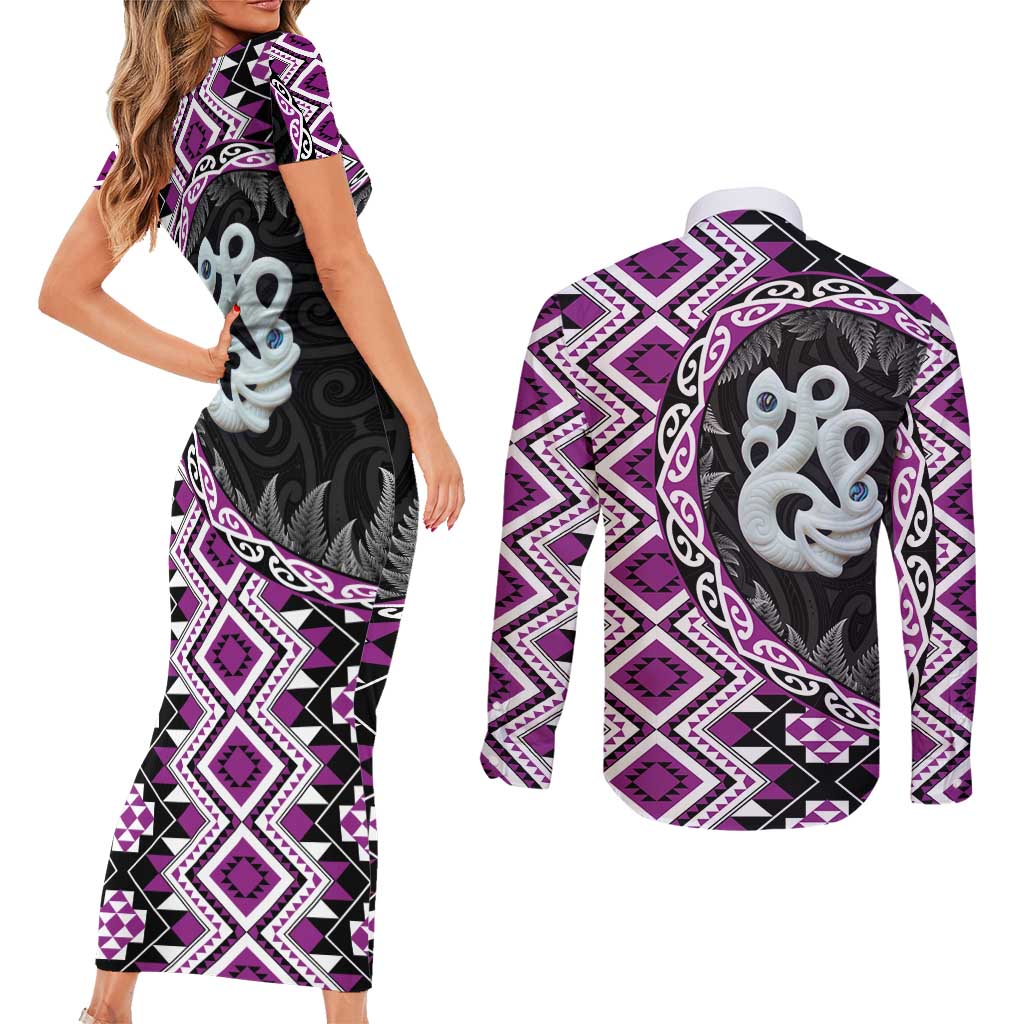 Purple Taniko Motif Aotearoa Manaia and Silver Fern Couples Matching Short Sleeve Bodycon Dress and Long Sleeve Button Shirt LT03 - Polynesian Pride