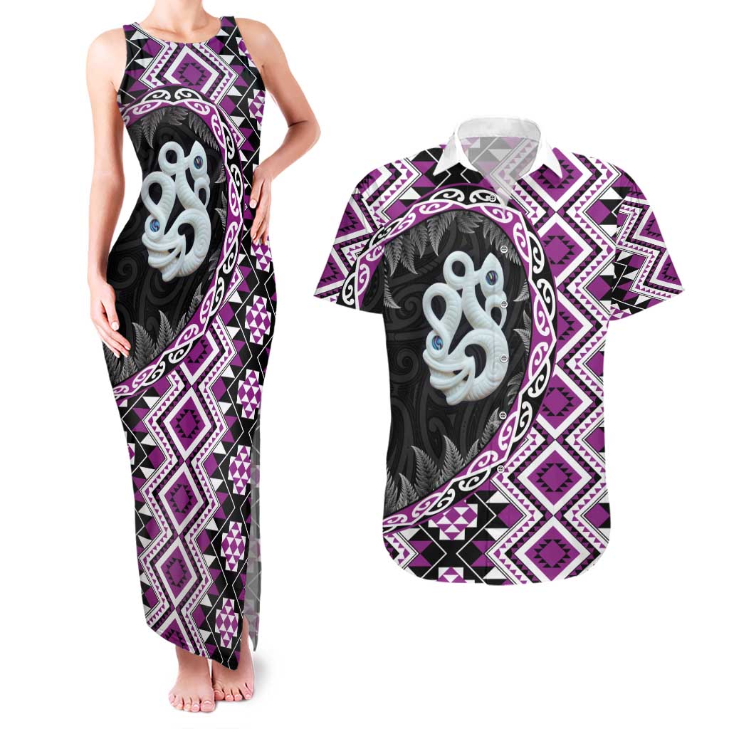 Purple Taniko Motif Aotearoa Manaia and Silver Fern Couples Matching Tank Maxi Dress and Hawaiian Shirt