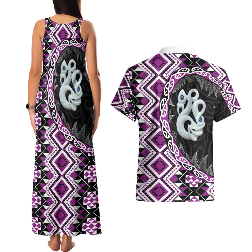 Purple Taniko Motif Aotearoa Manaia and Silver Fern Couples Matching Tank Maxi Dress and Hawaiian Shirt