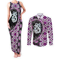 Purple Taniko Motif Aotearoa Manaia and Silver Fern Couples Matching Tank Maxi Dress and Long Sleeve Button Shirt LT03 Purple - Polynesian Pride