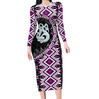 Purple Taniko Motif Aotearoa Manaia and Silver Fern Family Matching Long Sleeve Bodycon Dress and Hawaiian Shirt