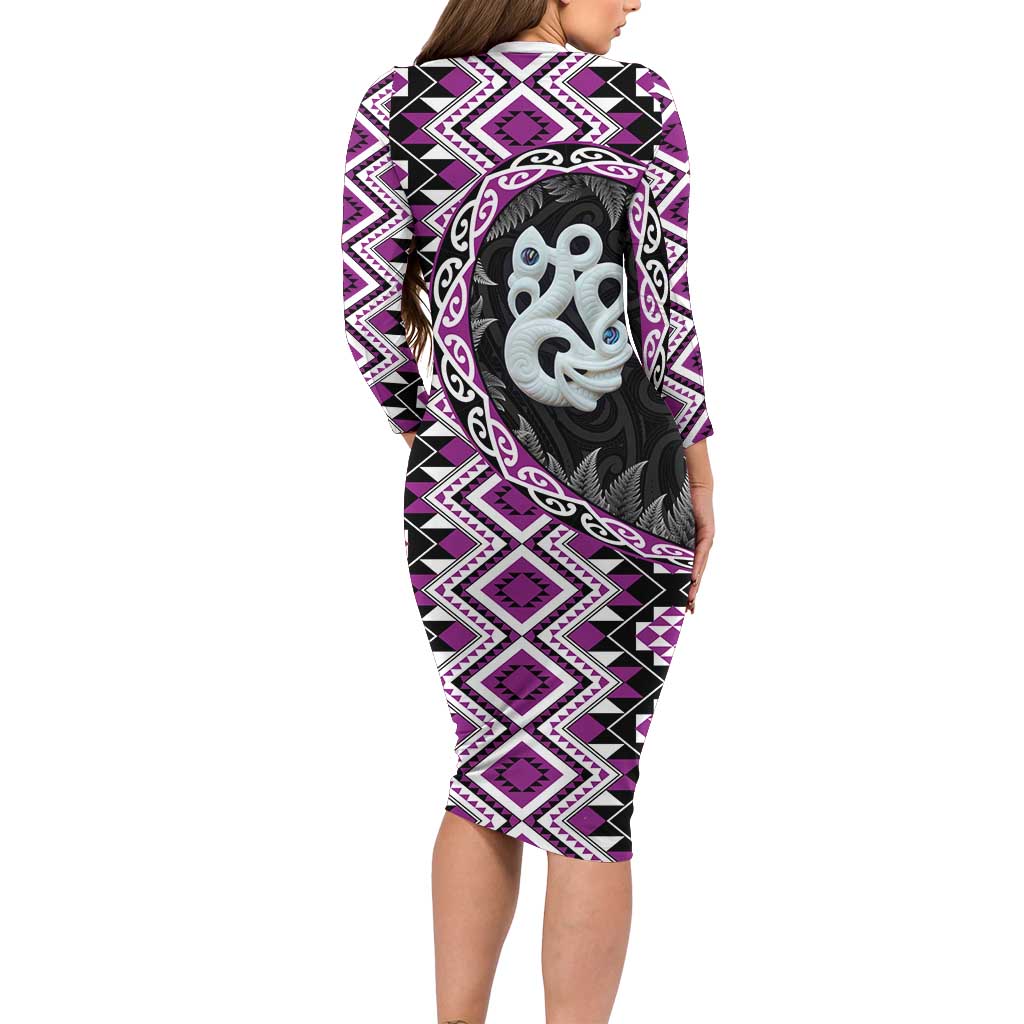 Purple Taniko Motif Aotearoa Manaia and Silver Fern Family Matching Long Sleeve Bodycon Dress and Hawaiian Shirt