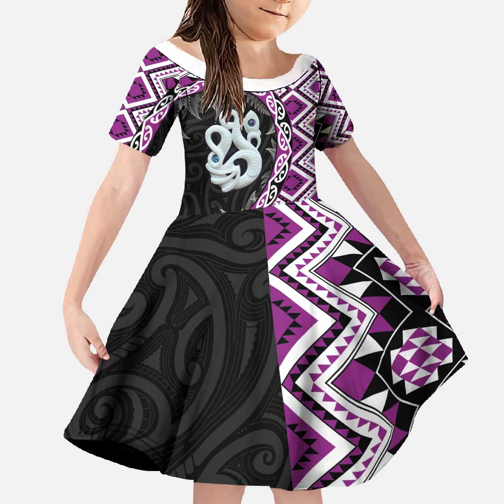 Purple Taniko Motif Aotearoa Manaia and Silver Fern Family Matching Mermaid Dress and Hawaiian Shirt