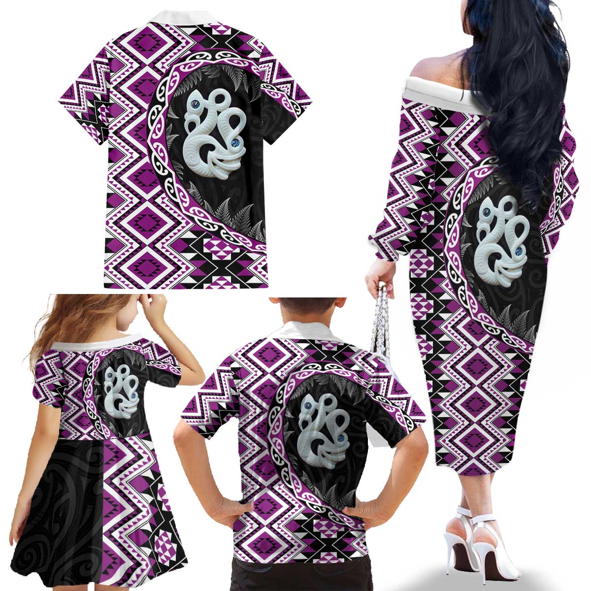 Purple Taniko Motif Aotearoa Manaia and Silver Fern Family Matching Off The Shoulder Long Sleeve Dress and Hawaiian Shirt