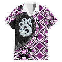 Purple Taniko Motif Aotearoa Manaia and Silver Fern Family Matching Off The Shoulder Long Sleeve Dress and Hawaiian Shirt