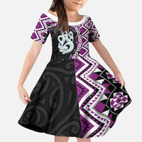 Purple Taniko Motif Aotearoa Manaia and Silver Fern Family Matching Off Shoulder Maxi Dress and Hawaiian Shirt