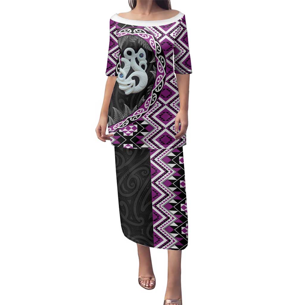 Purple Taniko Motif Aotearoa Manaia and Silver Fern Family Matching Puletasi and Hawaiian Shirt