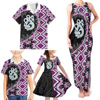 Purple Taniko Motif Aotearoa Manaia and Silver Fern Family Matching Tank Maxi Dress and Hawaiian Shirt