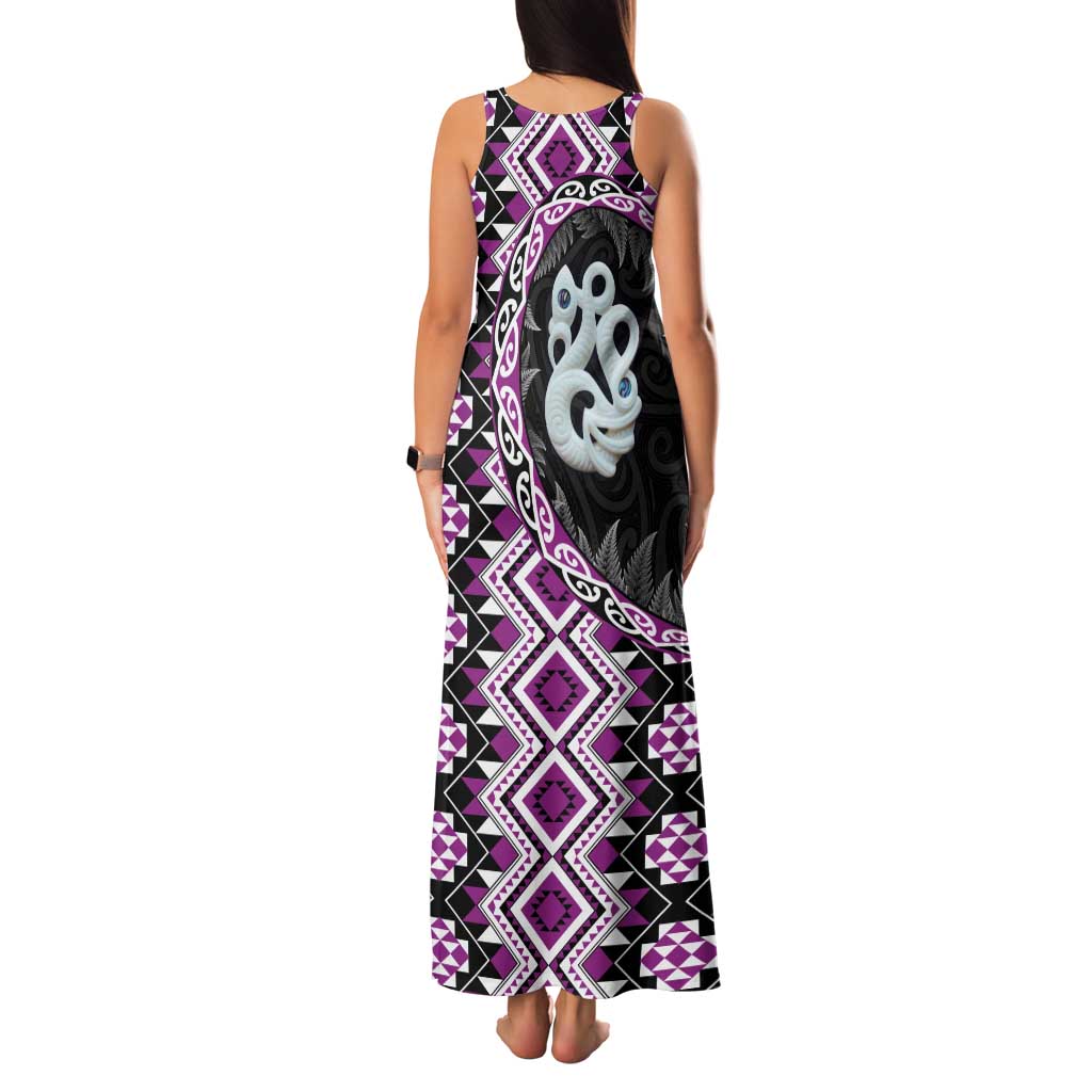 Purple Taniko Motif Aotearoa Manaia and Silver Fern Family Matching Tank Maxi Dress and Hawaiian Shirt