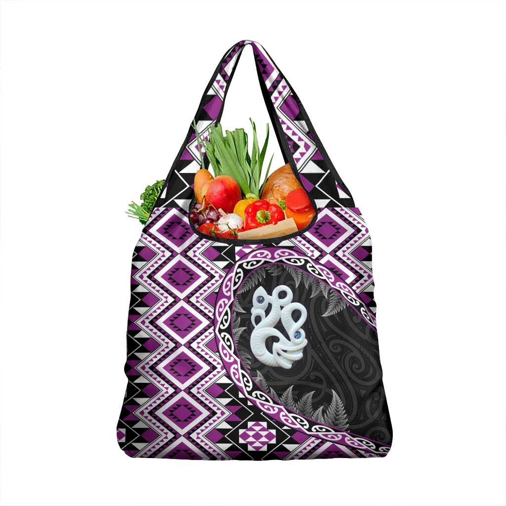Purple Taniko Motif Aotearoa Manaia and Silver Fern Grocery Bag