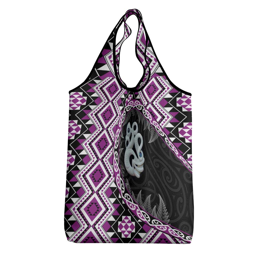 Purple Taniko Motif Aotearoa Manaia and Silver Fern Grocery Bag