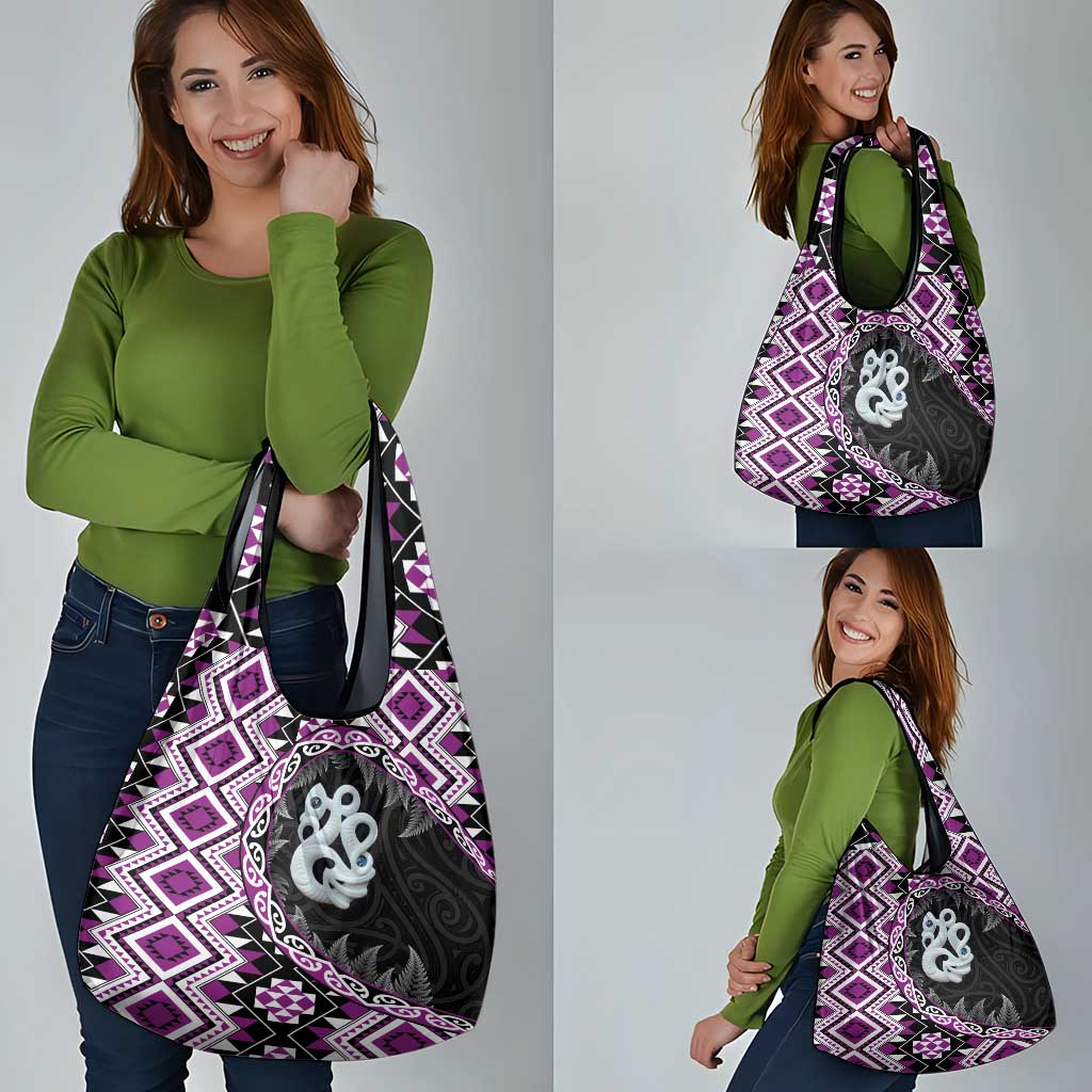 Purple Taniko Motif Aotearoa Manaia and Silver Fern Grocery Bag