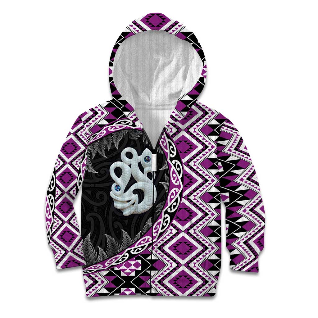 Purple Taniko Motif Aotearoa Manaia and Silver Fern Kid Hoodie