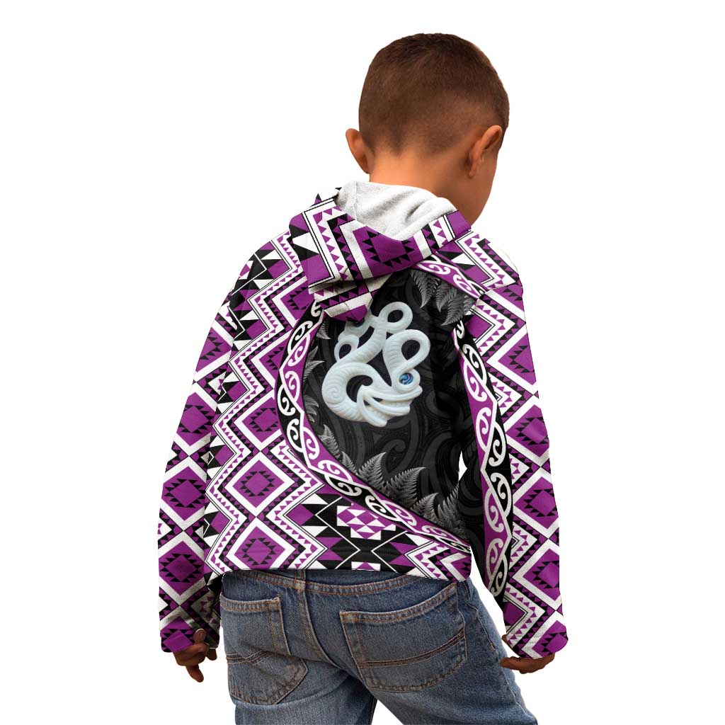 Purple Taniko Motif Aotearoa Manaia and Silver Fern Kid Hoodie