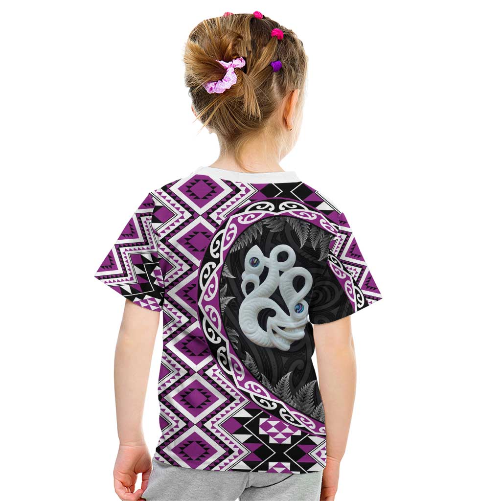Purple Taniko Motif Aotearoa Manaia and Silver Fern Kid T Shirt