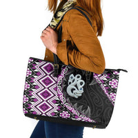 Purple Taniko Motif Aotearoa Manaia and Silver Fern Leather Tote Bag
